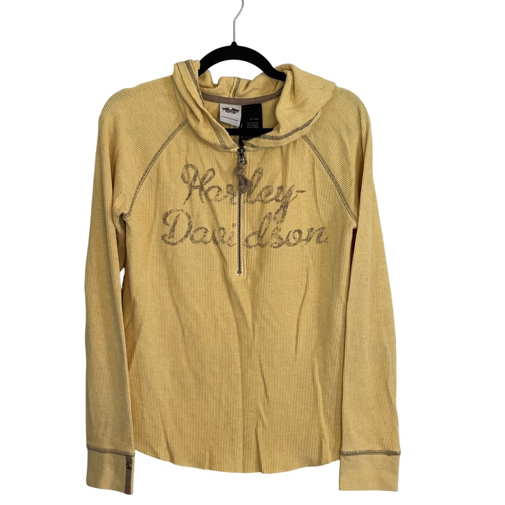 Harley-Davidson Womens Yellow Waffle Knit Quarter Zip Thermal Hoodie‎ L